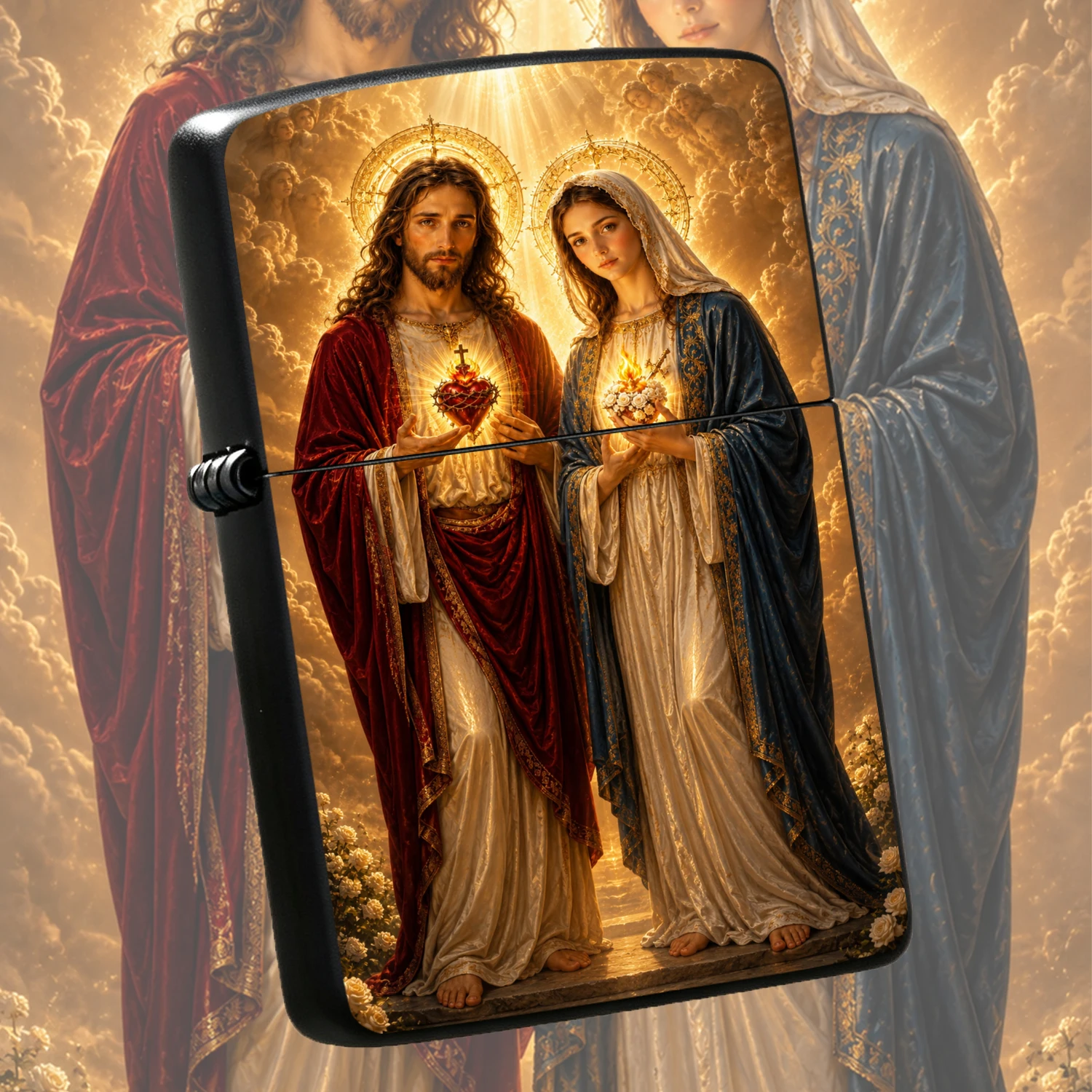 Religious Themed Windproof Lighter, Sacred Heart of Jesus and Virgin Mary Holy Image Printed Durable Inflatable Lighter, Exquisite Faith Related Collectible, Ideal Holiday Gift for Believers Family Friends, High Definition Clear Pattern,
