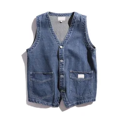 Japanese retro spring and autumn men's slim fit flip collar solid color washed denim vest youth sleeveless vest jacket Vintage