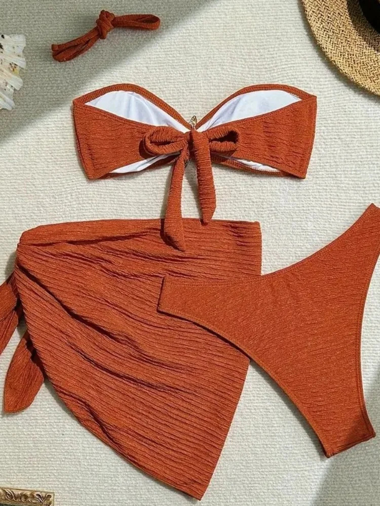 เซ็กซี่โลหะปลาดาวชุดบิกินี่ผู้หญิงสีน้ําตาล Bandeau Push Up กระโปรงตาข่าย 3 ชิ้นชุดว่ายน้ํา 2025 ชุดว่ายน้ําชายหาดวันหยุดชุดว่ายน้ํา