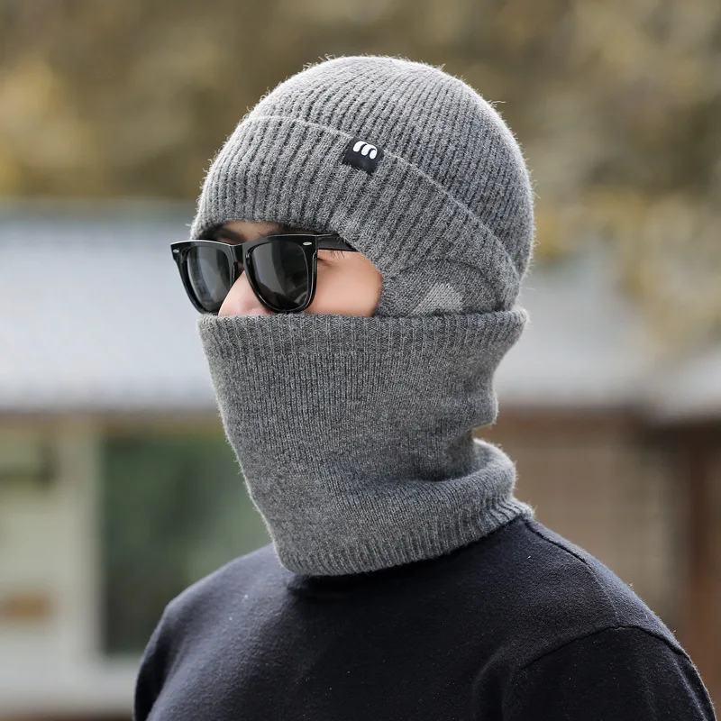 Outdoor Winter Men Knitted Hat Snood 2 pcs/set Plush Warm Peaked Cap Earmuff Casual Cysling Riding High Qulity Model Beanie Men