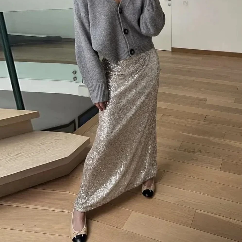 Skirts Women Long Skirt Straight Sequin Slim Fit Sexy Streetwear High Waist Button Elegant Splice Y2k Party Club Summer Night