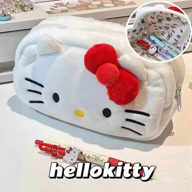 Hello Kitty Bag Anime Sanrio Student Plush Pencil High-Capacity Pen Case Kawaii Cartoon Cosmetic Storage Bag Girl Birthday Gifts