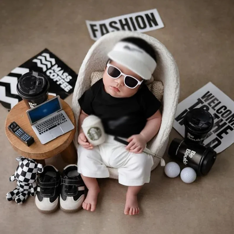 Golf Theme Newborn Photography Props Cool Baby Boy Sunglasses Hat Shorts Set Golf Clubs Props Infant Photo Shoot Accessories