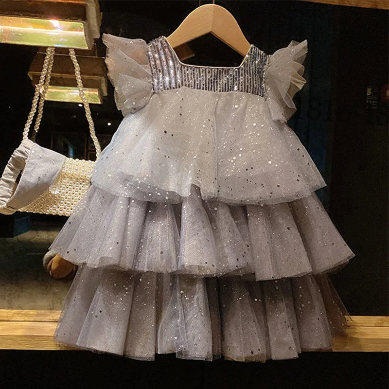 

Girls Dress Summer Party Square Neck Sequined Patchwork Lace Children's Clothing Gradient Color Mesh Pleats Princess Dresses