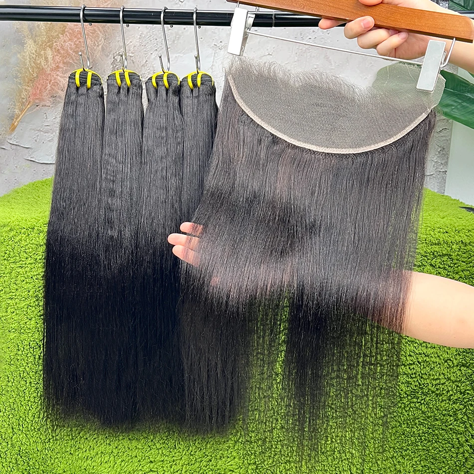 Yaki Straight Human Hair Bundles With 13x4 HD Lace Frontal #1B Natural Black Color 100% Human Hair Weave Extensions Bundle Deal