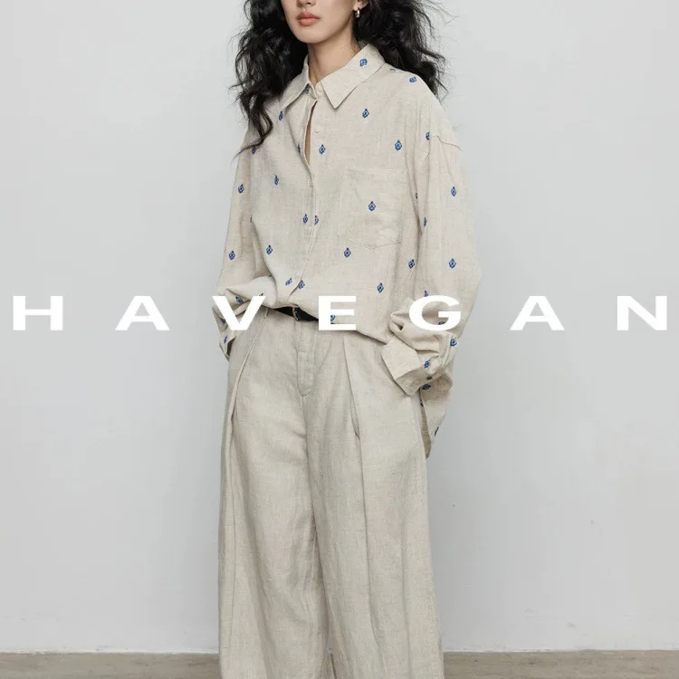 Spring HAVEGAN Women's Long Sleeve Embroidered Lyocell Flax Casual Shirt Loose Fit Polo Collar Classic Style OL Commute Wind
