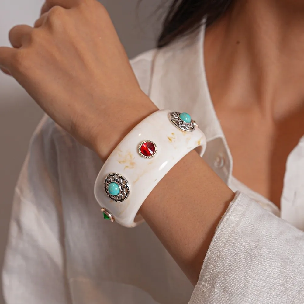 

Bohemian Turquoise Acrylic Bracelet Wide Turquoise Acrylic Rhinestone Bangle Jewelry Accessories Minority Design Retro Hand Ring