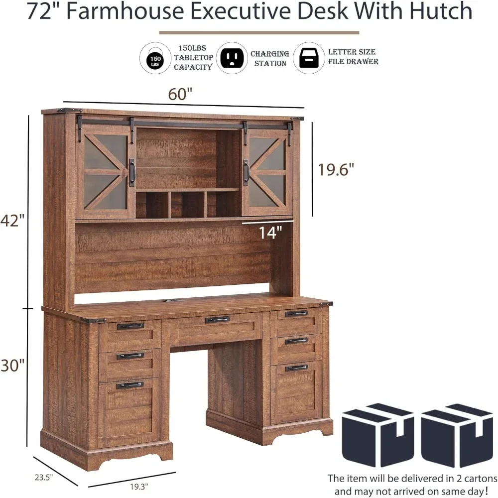 Farmhouse Desk with Hutch, Wood Home Office Executive Desk with Drawer, Charging Station, Keyboard Tray