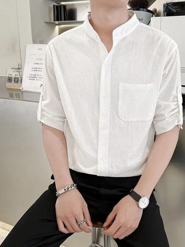 

Men's ort Sve irt Korean Sle Loose Fit Collared Cotton Linen Blend Summer Faionable Casual irt Haome Linen Cl...