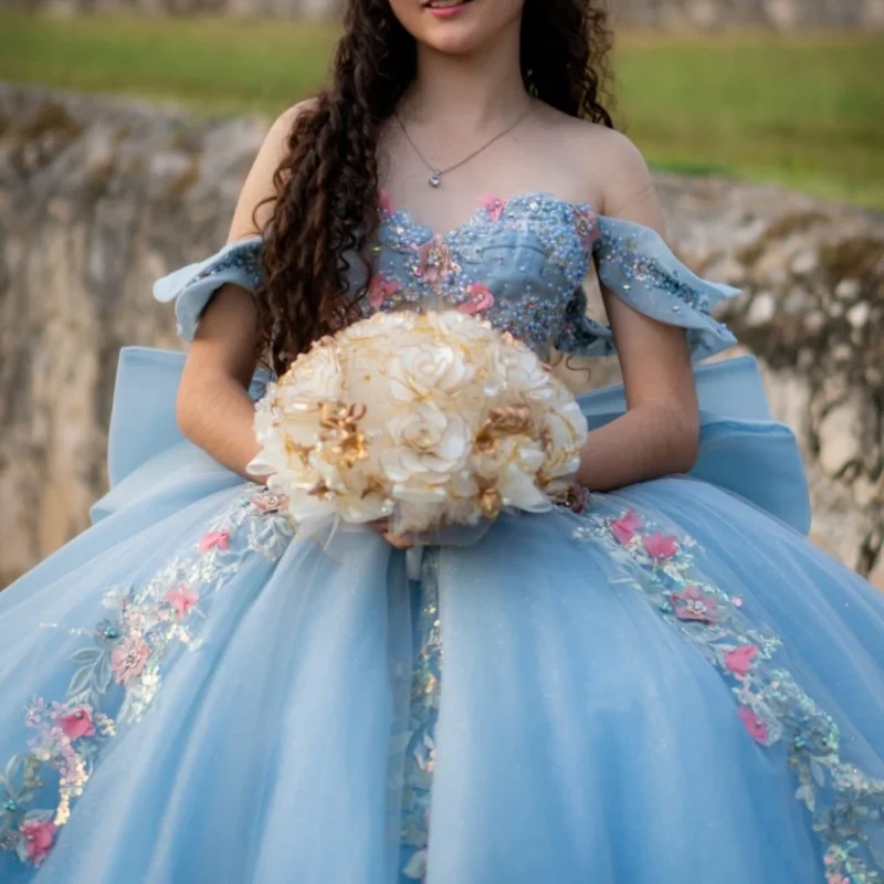 

Shiny Sky Blue Quinceanera Dress Crystal Glitter Decal Lace Pearl 3D Flower Long tail Bow Vestidos De 15 Quinceanera ﻿Customize