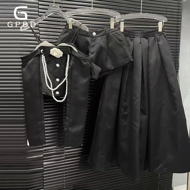 

Утягивающие однотонные три комплекта для женщин, топ без рукавов с квадратным воротником, шорты с высокой талией, юбка, летний сексуальный комплект, женская мода