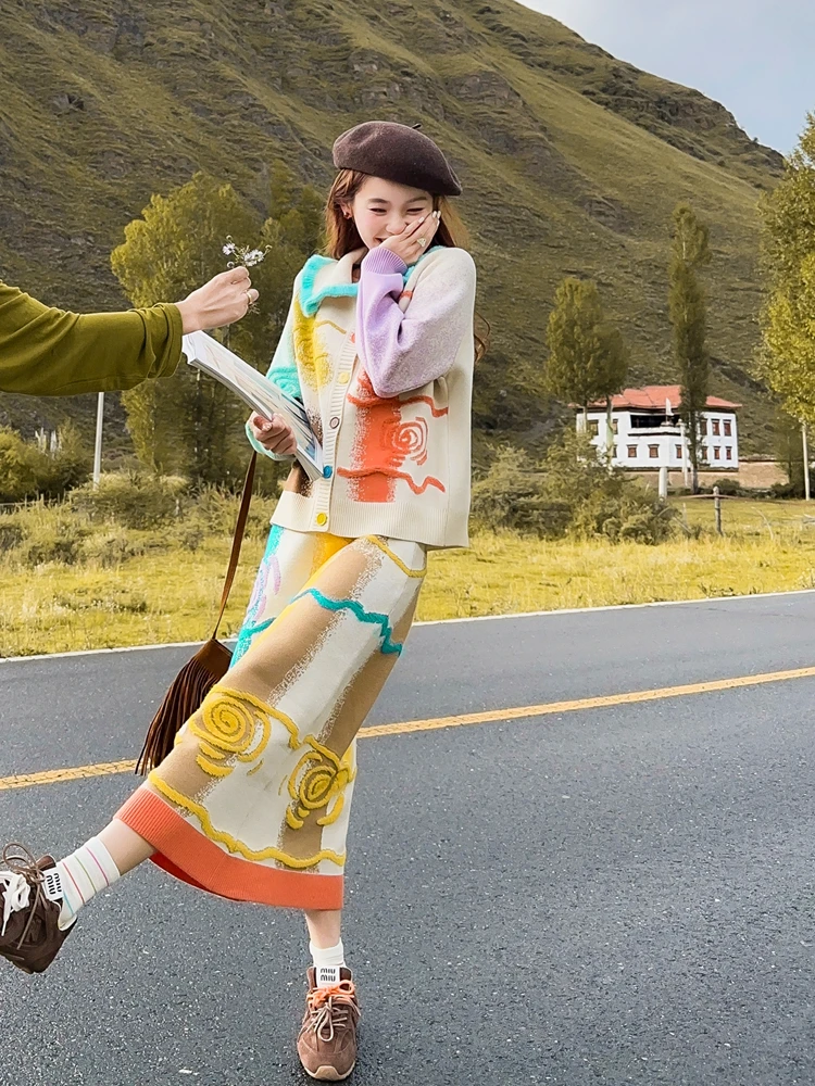 Cardigan tricoté à col rabattu coloré, pull taille haute, amincissant, jupe mi-longue, nouvelle collection printemps et automne 2025