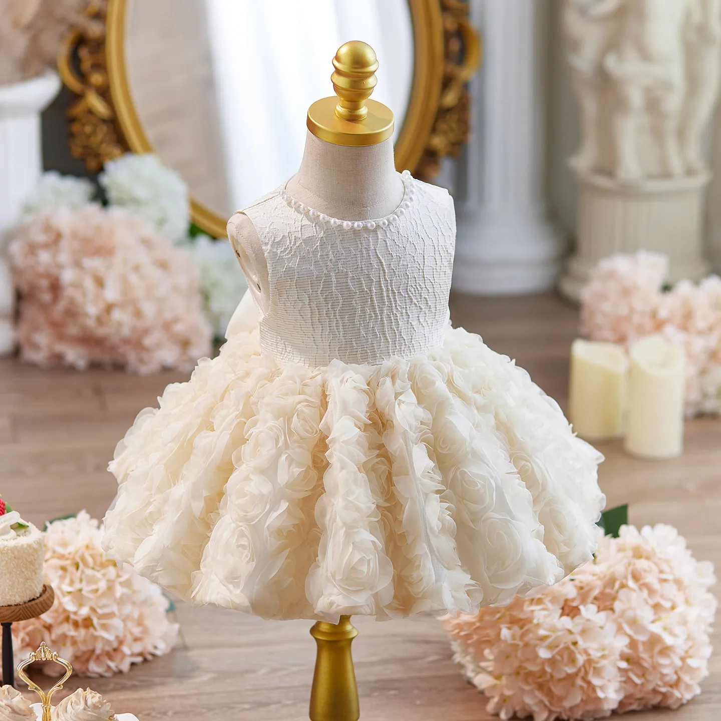 Custom Sleeveless Pearl Trim Lace Large Bow 3D Rose Ruffle Luxury Dress Women Wedding Guest Gown Girls Birthday Party Pageant