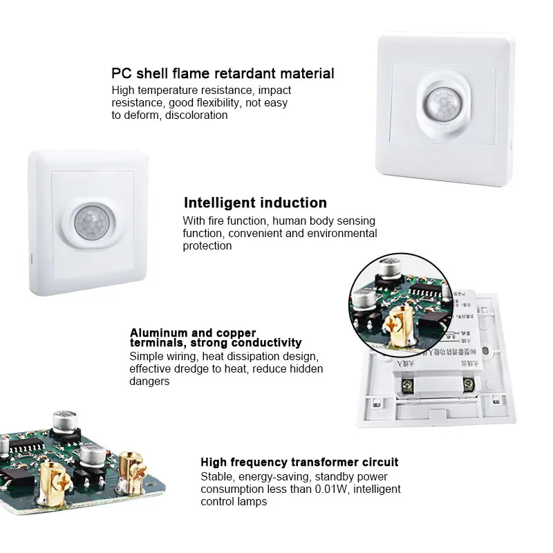 PIR Motion Sensor Switch 86 Box Recessed Human Body Detection Sensor Infrared Light Switch for Corridor Staircase Auto On/Off