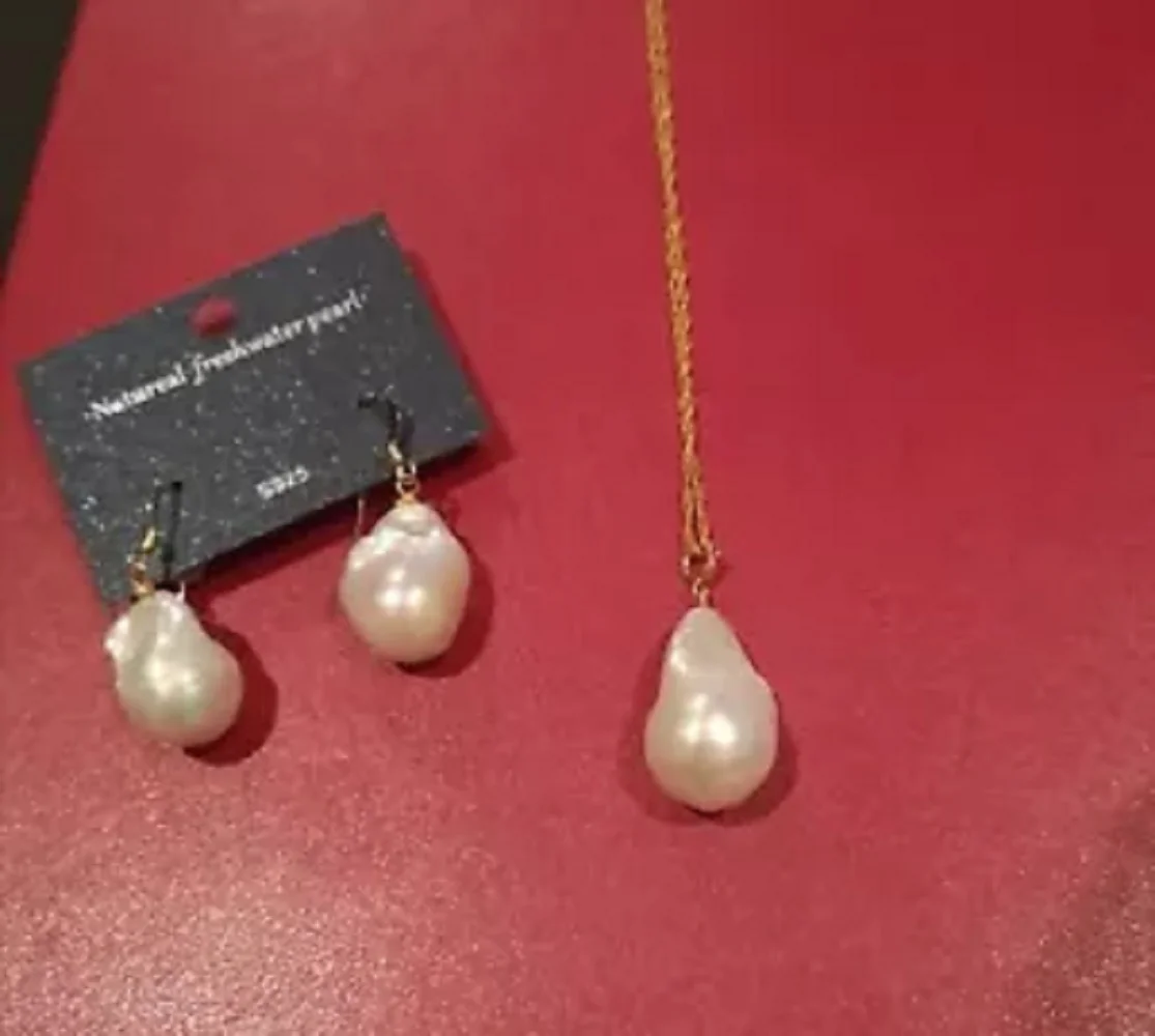 

Natural pendant AAA15-21mm South Sea Baroque white pearl pendant 18 inch +earring set 925s