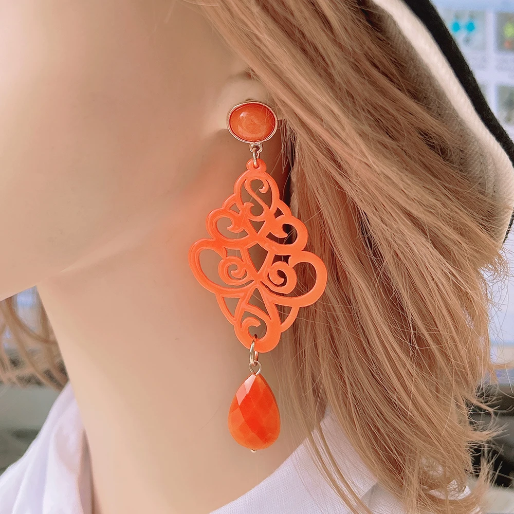 Natural Ston Trendy Hot Selling Drop Earrings Bohemian Acrylic Hollow Out Charm Dangle Ear Woman Large Colors Brinco Jewelry