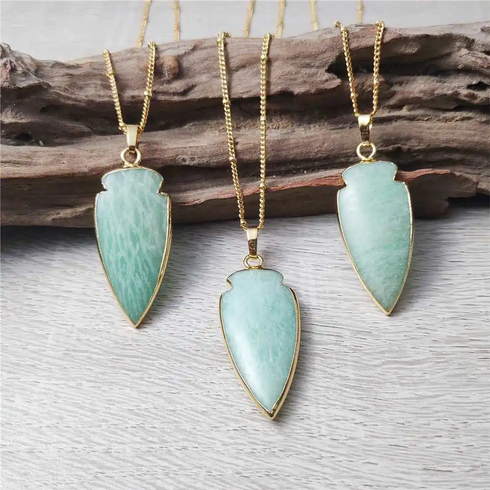 FUWO Wholesale Natural Amazonite Neckace,Golden Plated Green Arrow Stone Jewelry With Satellite Chain For Women 5 Pcs/Lot NC175