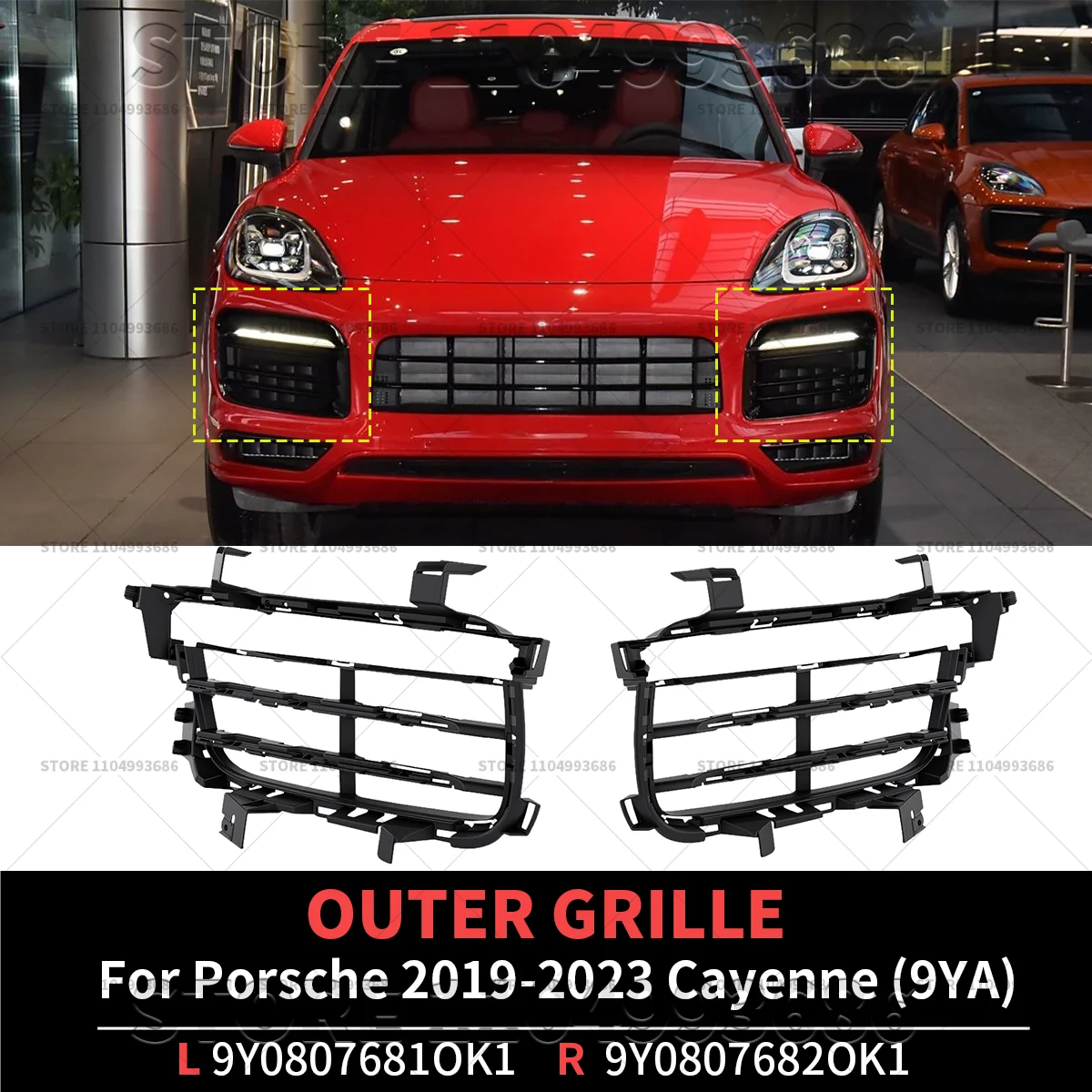 

For 2019-2023 Porsche Cayenne 9YA Front Bumper Grille Decorative Outer Grille OEM 9Y0807681OK1 9Y0807682OK1 9Y0807681 9Y0807682