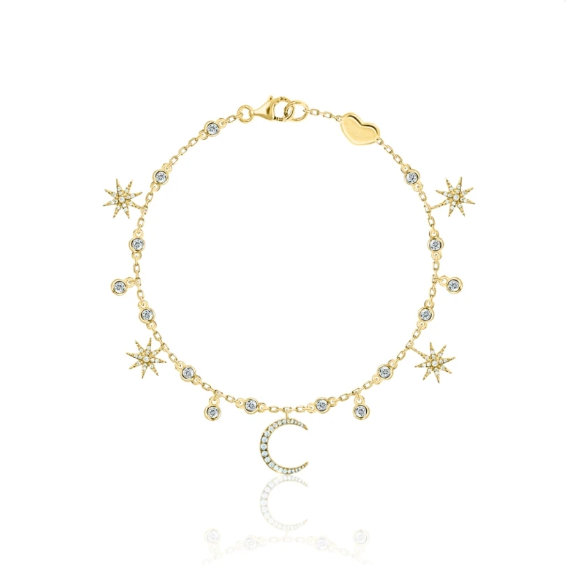 Women Bracelet Star & Moon Sterling Silver 925 Jewelry In Gold Plating