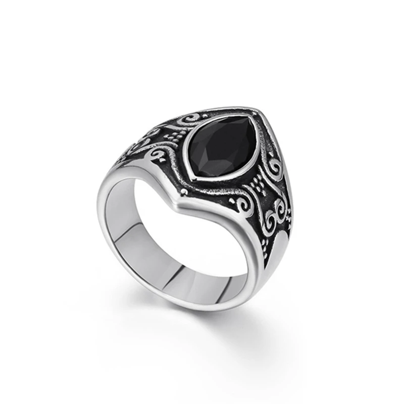Handmade Vintage Titanium Steel Ring For Men Women Ancient Silver Color Oval Black Onyx Stone Punk Creative Finger Rings Jewelry