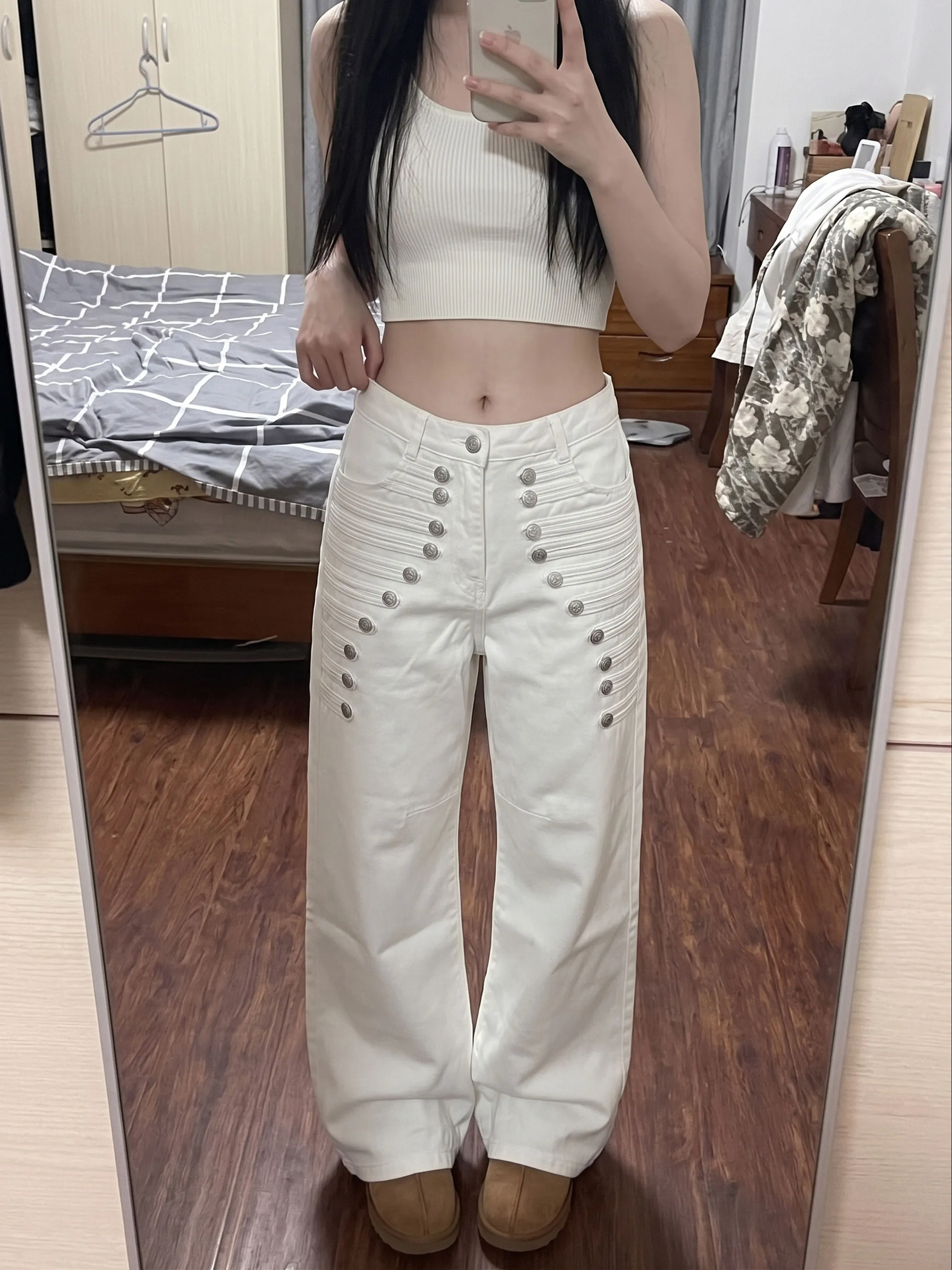 Napoleon Court Style Heavy Metal Button White Jeans High Waist Slim Wide Leg Floor Length Casual Pants Punk Series High Waist