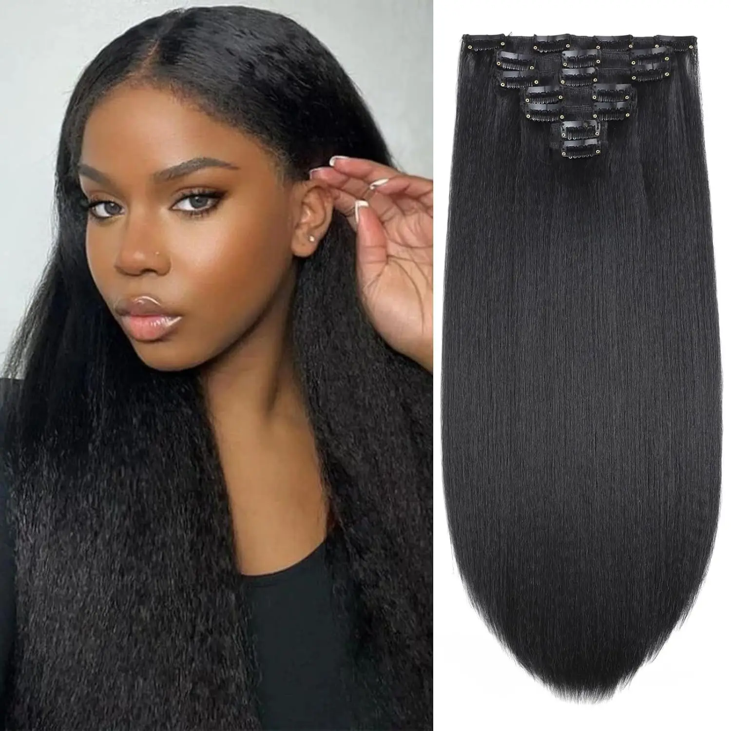 7 Pcs Yaki Straight Clip Ins with Lace Weft 14-26 Inch Natural Black Clip In Hair Extensions Black Women synthetic Hair