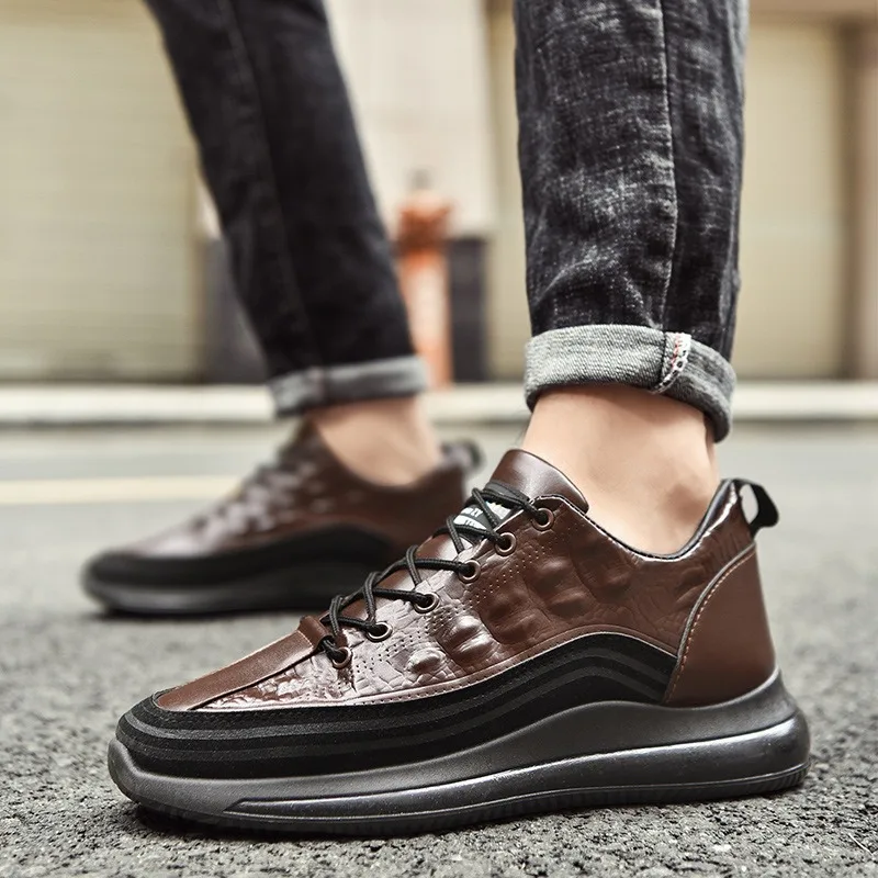 Men Leather Shoes Fashion Casual Sneakers Designer Brand Crocodile Vulcanize Shoes Lightweight Breathable Lace-up Plat Work Shoe