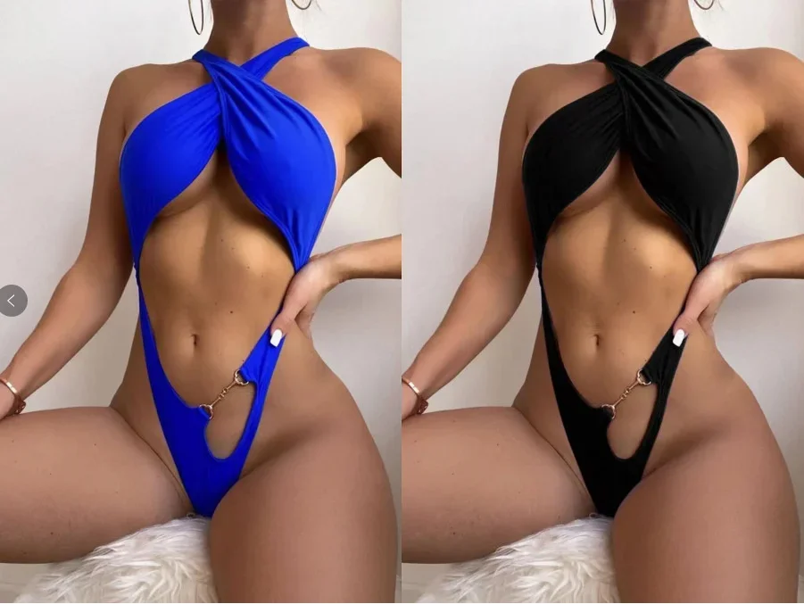 Summer New One-Piece Swimsuit Sexy Halter Strapless Backless Solid  Sleeveless Chain Bikini For Women Club Wear Party