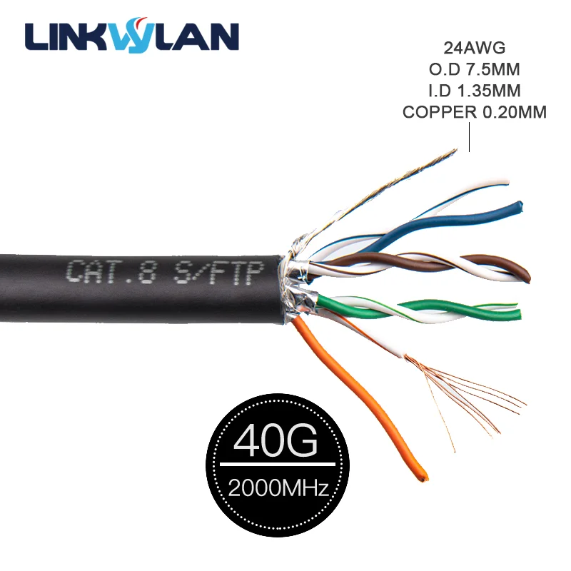 Linkwylan RJ45 Cat8 Cable 40G 2000MHz SFTP Sheilded Installation Cable 22AWG Oxygen-Free Copper LSZH CPR DCA Jacket 4P POE