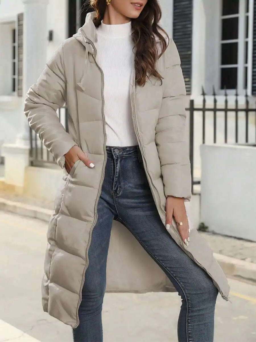 

Женская длинная стеганая куртка-пуховик с капюшоном, на молнии, теплая зимняя куртка