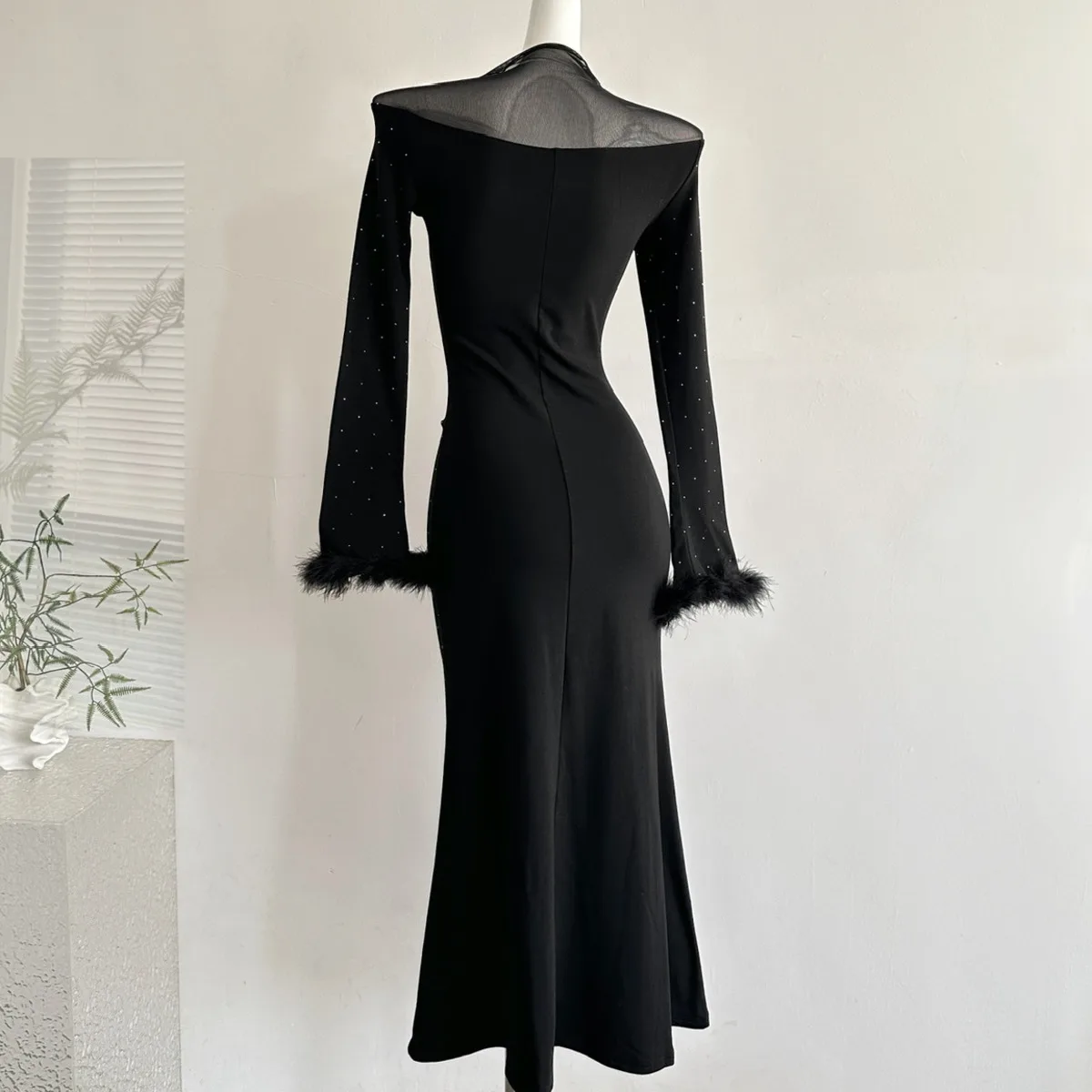 BJTZ 여성용 2025 가을 블랙 이브닝 파티 캐주얼 드레스 럭셔리 플러시 소매 우아한 미니멀리스트 편안한 고품질