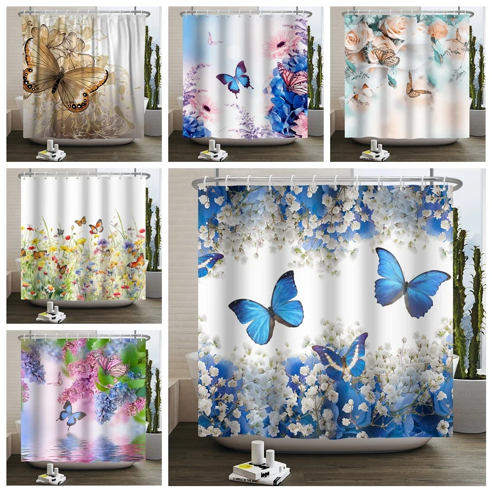 Flower Butterfly Shower Curtain Blooming Floral Butterfly Plant Nature Dreamy Waterproof Shower Curtain for Bathroom Home Decor