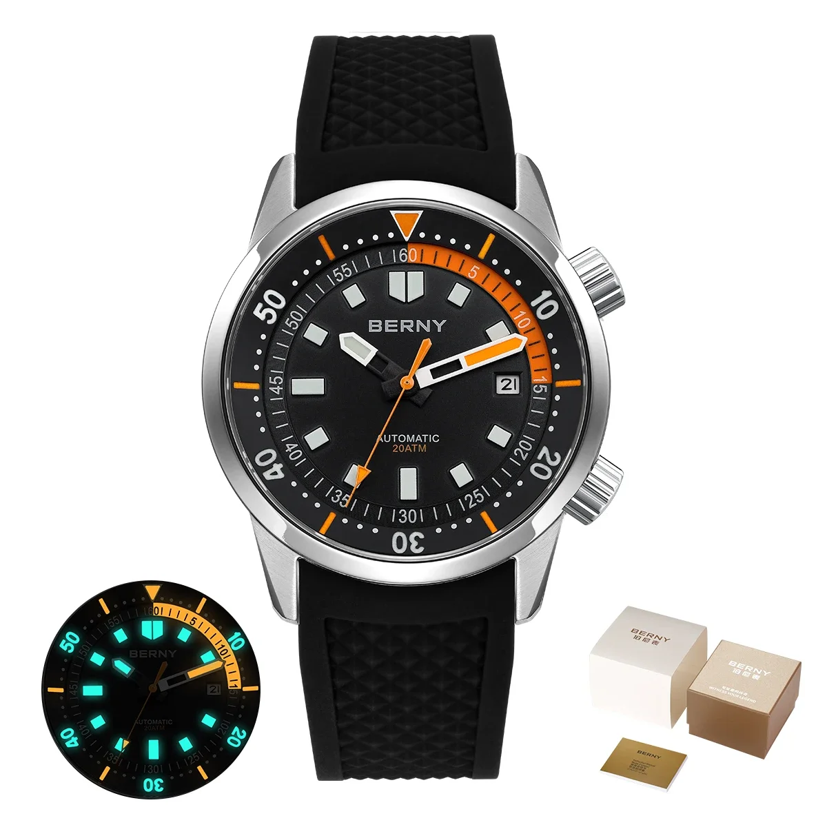 BERNY Herren-Taucheruhren, 200 m wasserdicht, superleuchtend, automatische mechanische Taucheruhr, 42 mm, Saphir-Schwimm-Tauch-Armbanduhr 9