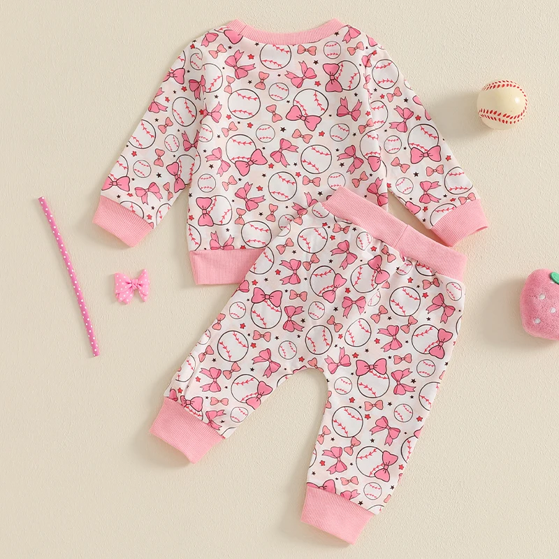Roupa de 2 peças para bebês meninas, moletom com estampa de laço, manga comprida, gola redonda e calça de moletom com cintura elástica, roupas de outono