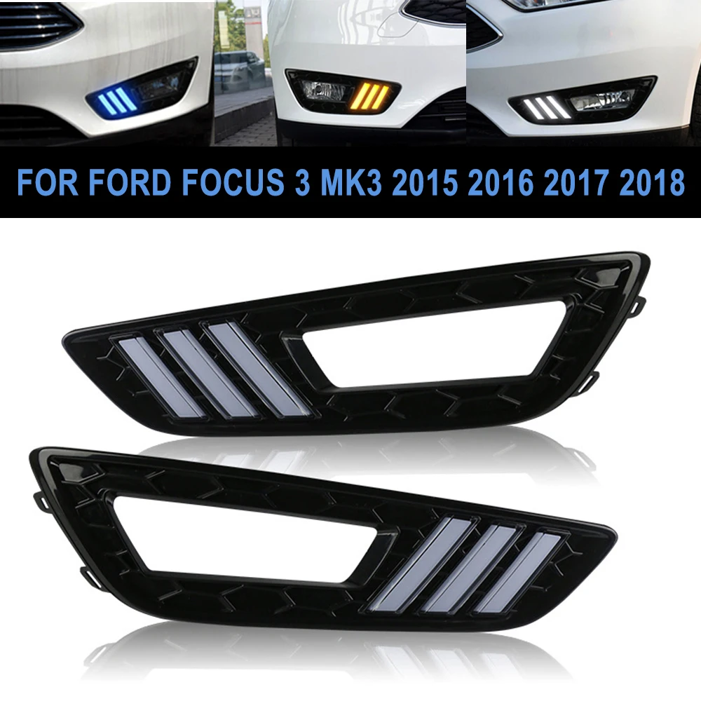 

2PCS LED Daytime Running Light For Ford Focus 3 MK3 2015 2016 2017 2018 Yellow Turn Signal Lamp Car Led Drl Lighting Day Light