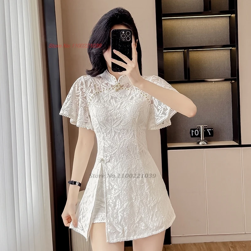 2025 chinês sexy qipao melhorado cheongsam vestido + shorts rendas flor boate vestido qipao hotel spa trabalho vestido uniforme de beleza