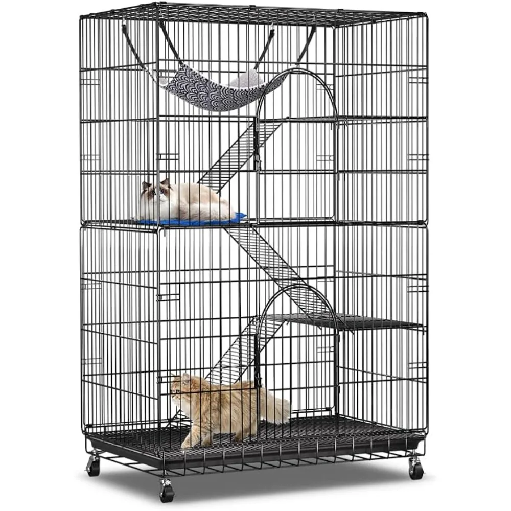 4-Tier Cat Cage 51 Inch Cat Crate Kennel Enclosure  Large Metal Pet Cat Kitten Cage Indoor Outdoor with 3 Doors & 1 Hammock