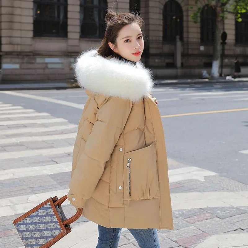 New Women Down Cotton Coat Winter Jacket Female Mid Length Version Parkas Thick Warm Outwear Hooded Fur Collar Overcoat