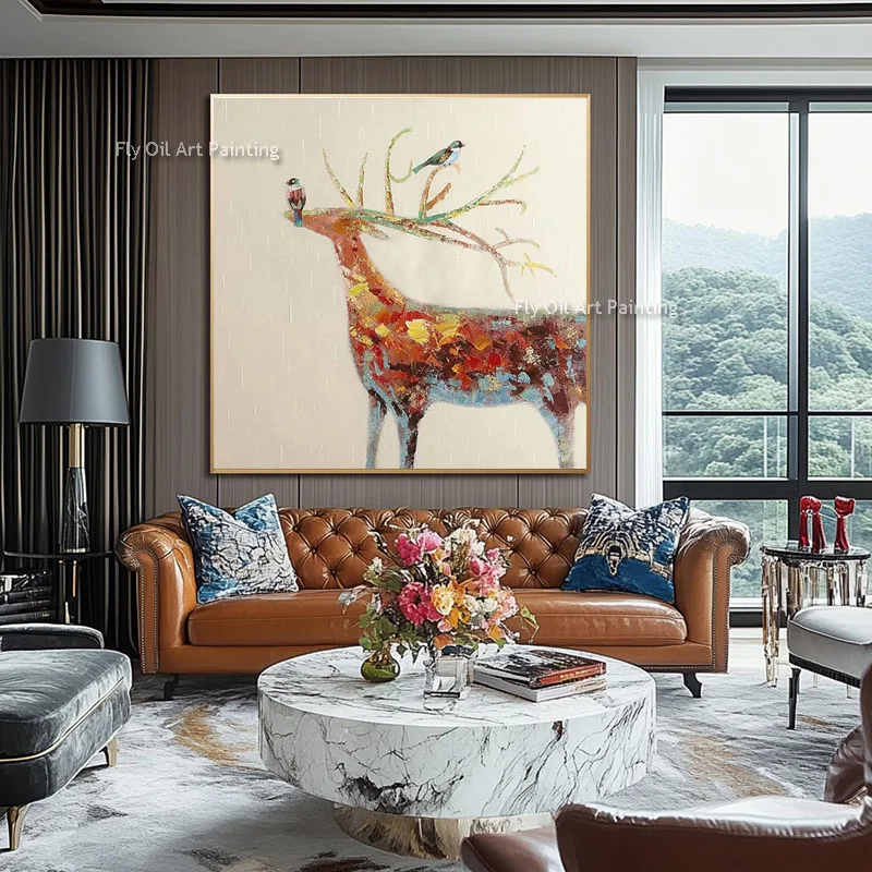Colorful Deer & Bird Canvas Art, Handmade Palette Knife Thick Impasto Oil Painting, Square Textured Wall Decor