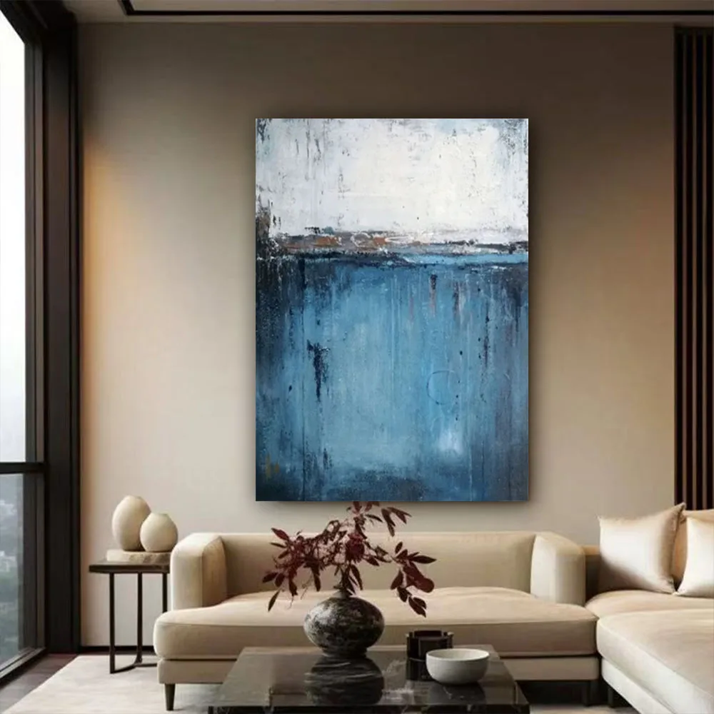 Handmade Abstract Oil Painting On Canvas Blue And Off-white Texture Wall Art For Living Room Home Decor Aisle Original Artwork