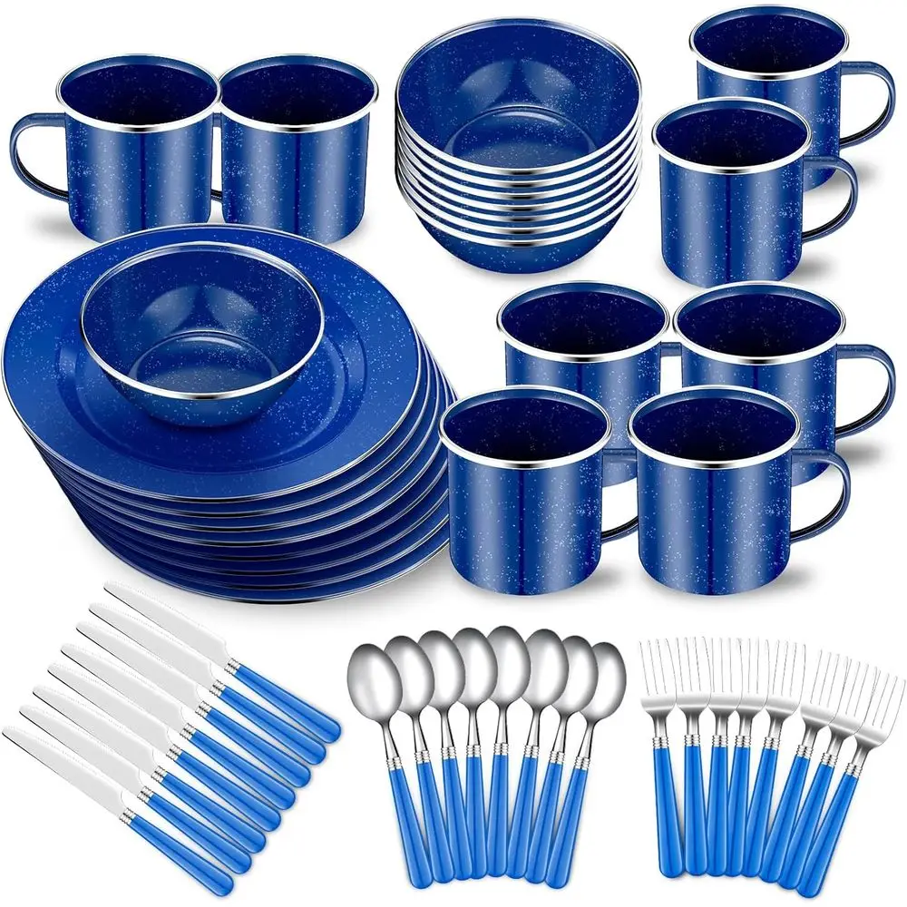 

48-Piece Enamel Camping Tableware Set with 12 oz Mugs, 10.5 Plates, 6 Bowls, and Utensils (Blue)