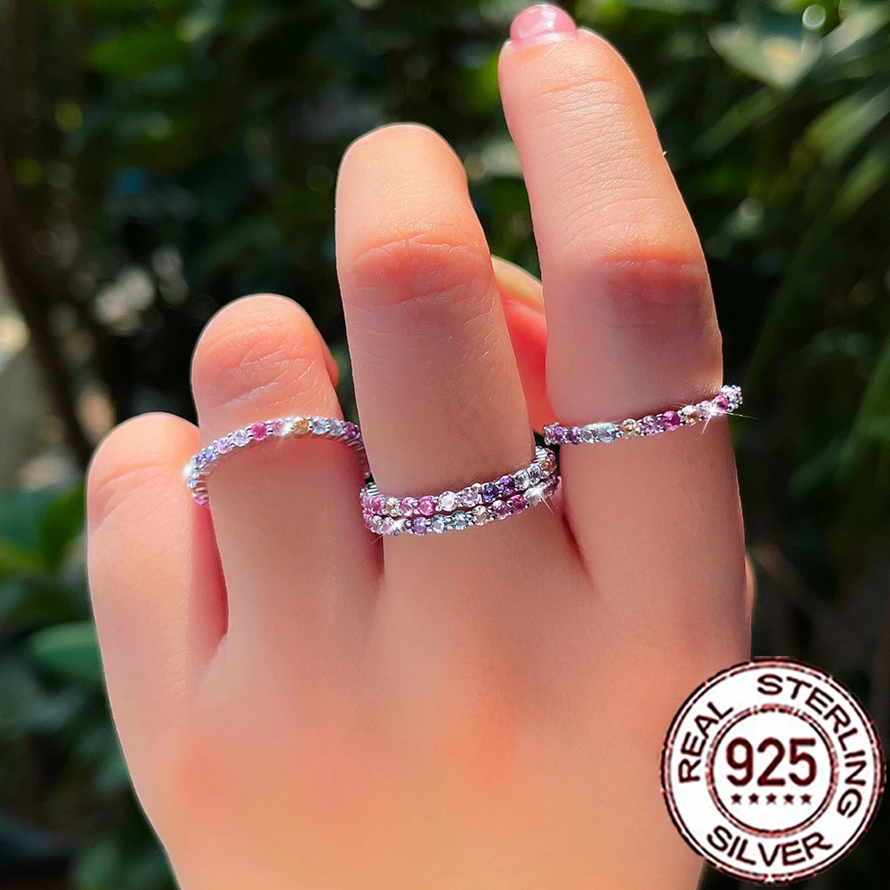 QooLady 925 Sterling Silber zierliche, funkelnde, mehrfarbige, stapelbare Regenbogenringe mit Zirkon für Damen, trendiger edler Schmuck SR114 – Detail 2
