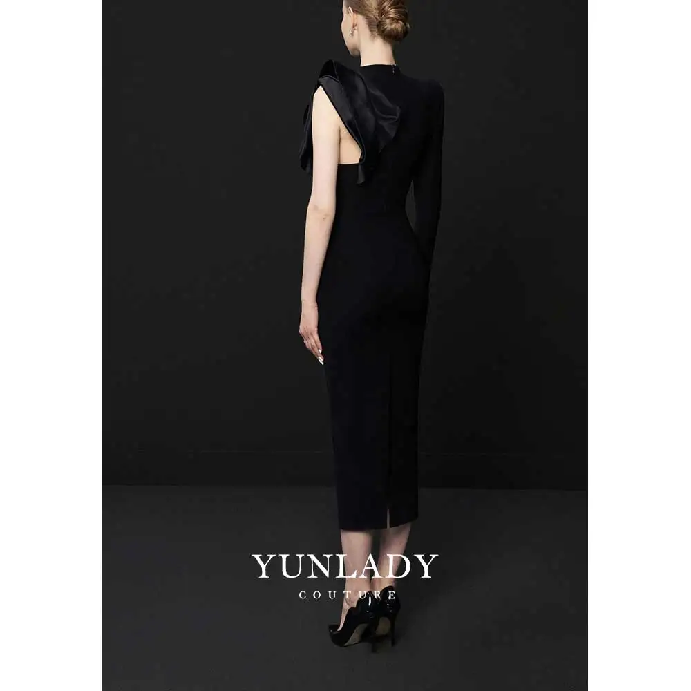 YUNLAN Luxurious Black Crepe One Shoulder Sleeve Ruffled Mommy Evening Gown 2024 Dubai Wedding Party Formal Guest Midi Dress