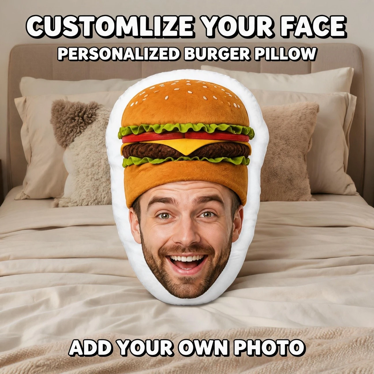 Custom Face Funny Shaped Pillow, for Man Wearing Burger Hat Personalized Photo Decorative Cushion, Unique Home Decor Accent for