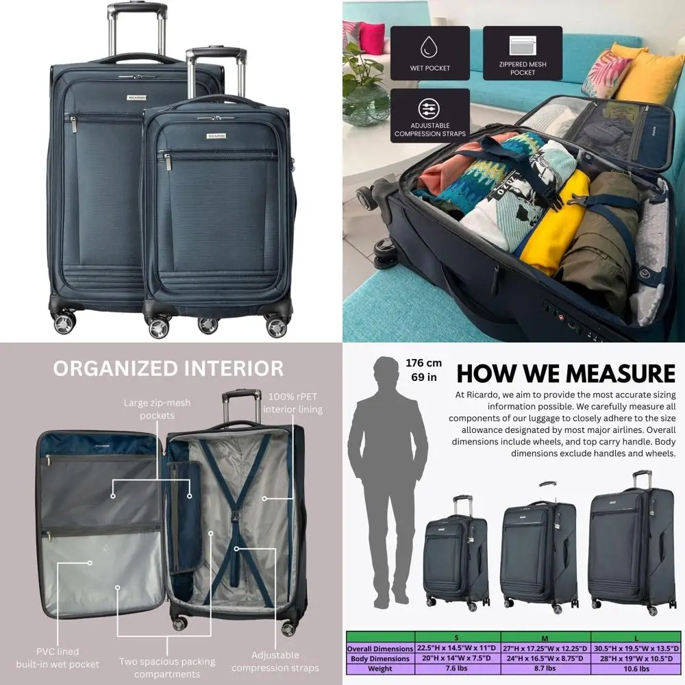 مجموعة أمتعة PET معاد تدويرها صديقة للبيئة، خفيفة الوزن، قابلة للتوسيع، عجلات دوارة مزدوجة، أزرق عاصفة، 20 و28 #1