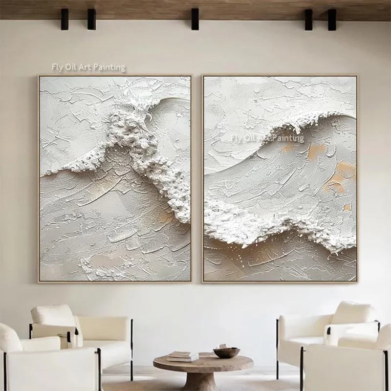 Simplism Artwork Large Set Of Two Grey White Sea Waves Wall Art New Design Knife Thick Oil Painting On Canvas For Room Decor