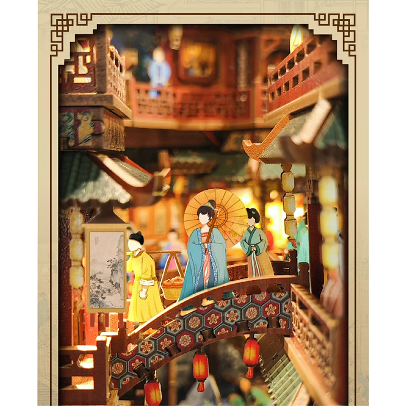 Figuras en miniatura de mercado nocturno chino, sujetalibros de madera artesanal, estantería hecha a mano para amigos, regalos, manualidades decorativas para el hogar