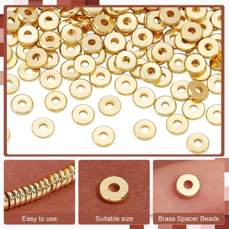 200pcs 6mm Flat Heishi Spacer Beads 18K Gold Plated Beads Disc Loose Beads Brass Flat Round Metal Beads for Heishi Clay Beads