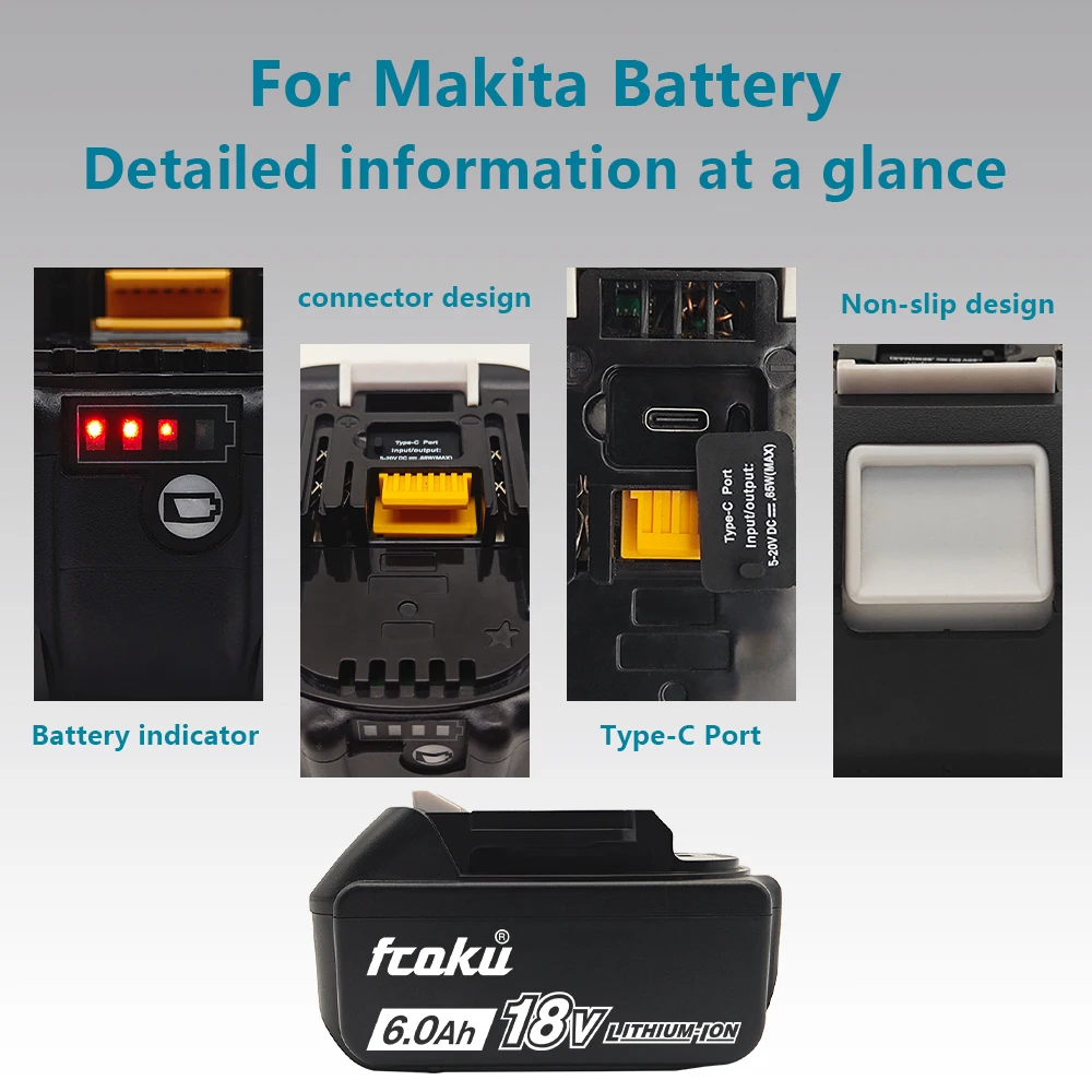 For BL1860 Makita Type-C Battery Pack Compatible With DTD152 DTD151 DTD152X DTD151X LXT Cordless Screwdrivers And Impact Wrenche