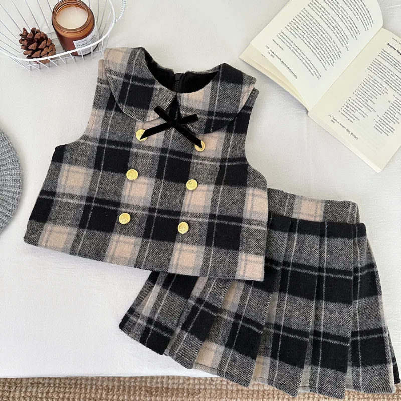 

New Girls Winter Outfit Children's Fleece-Lined Thickened Vest Girl's College Style Pleated Skirt Set Trendy